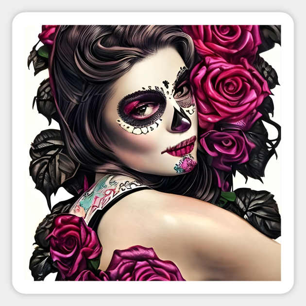 Day of The Dead Pin Up Girl with Tattooes & Roses Sticker by animegirlnft